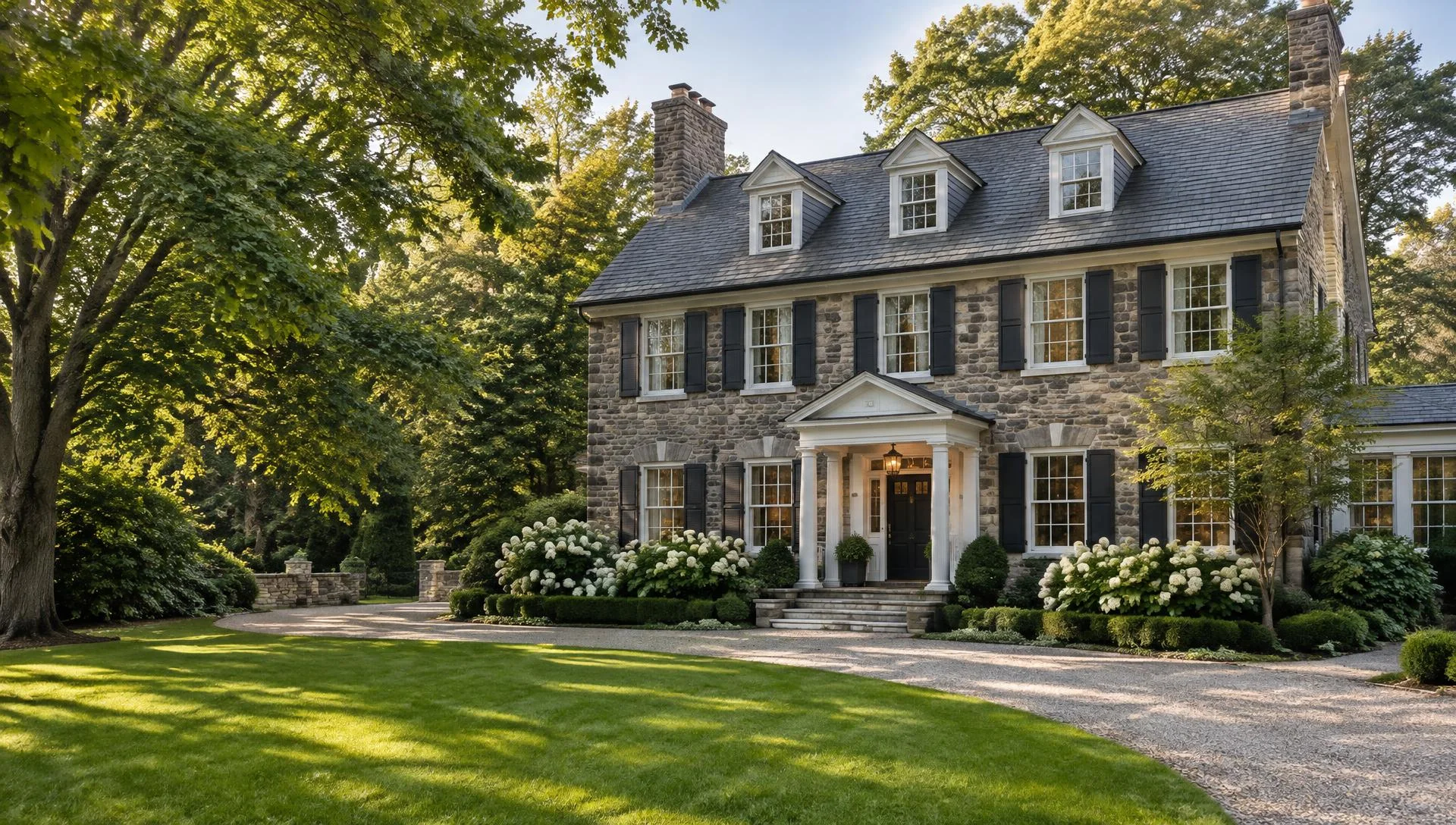 Established stone residence surrounded by mature trees, reflecting Main Line residential architecture