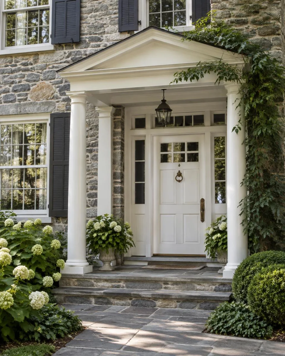 Stone facade and carefully detailed entrance of an older Main Line-style home